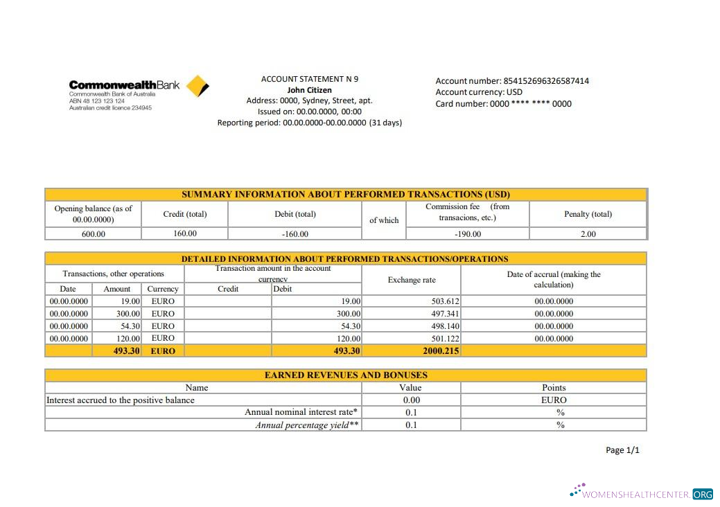 Download Australia Commonwealth Account bank statement excel Photoshop template
